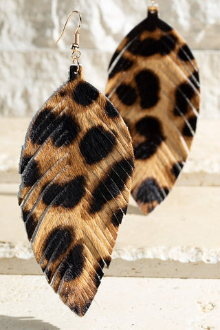 Genuine Leather Leopard Print Leather Inspired Leaf Shape Earrings