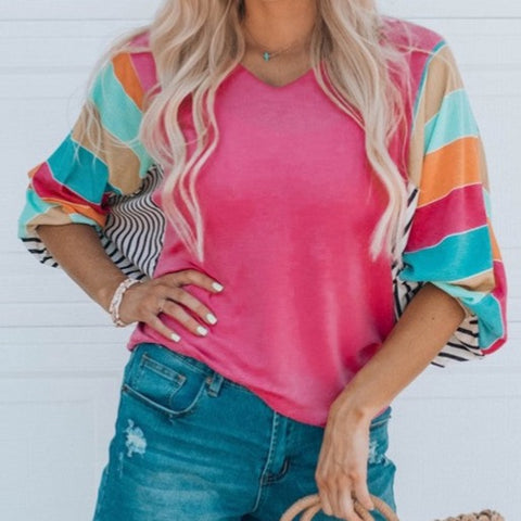 HOT PINK TOP WITH STRIPED BUBBLE SLEEVES
