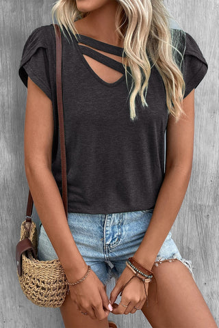 DARK GRAY TEE WITH NECK & SLEEVE DETAILS